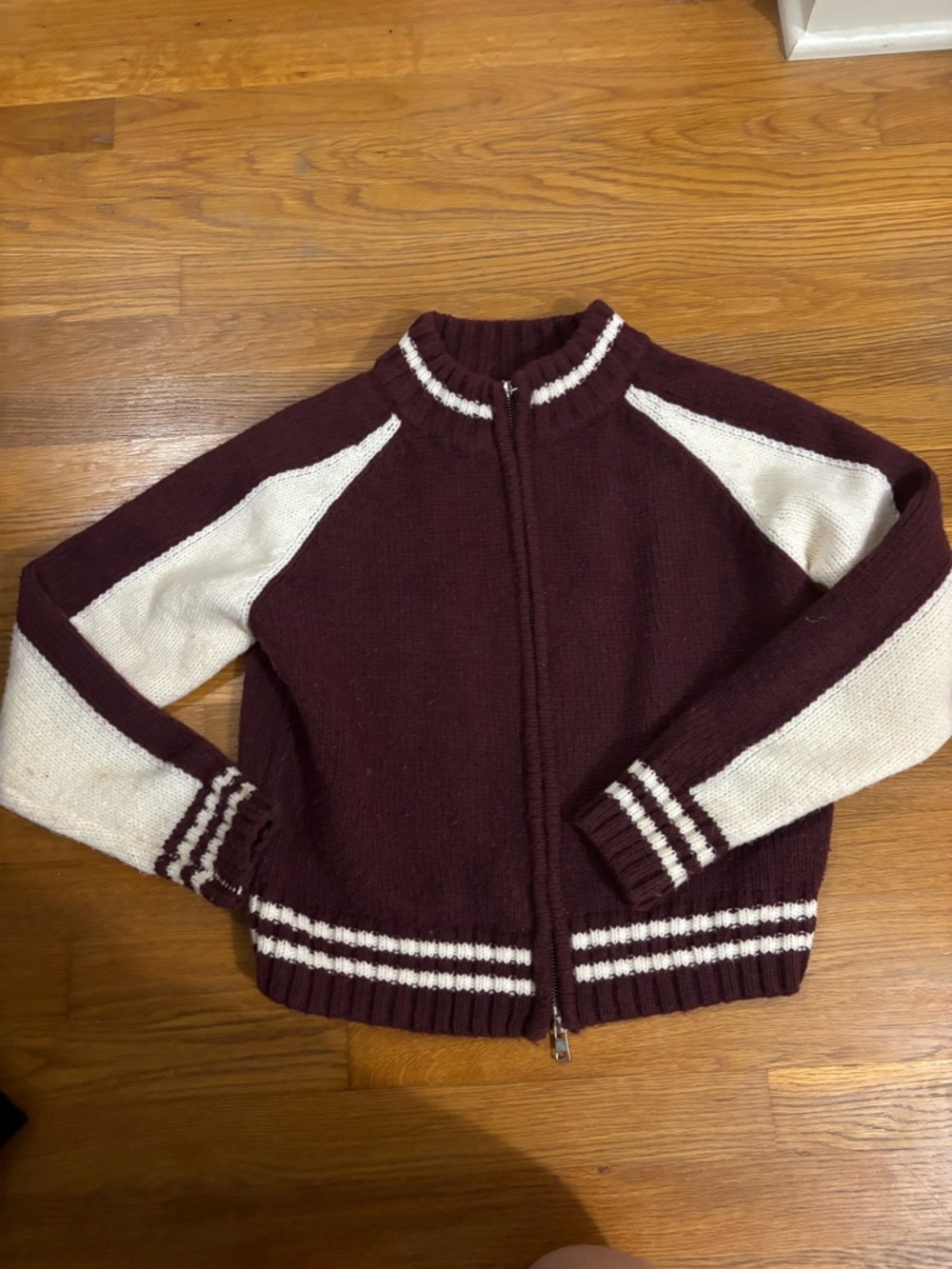bohme Maroon and Cream Zip-Up Varsity Sweater